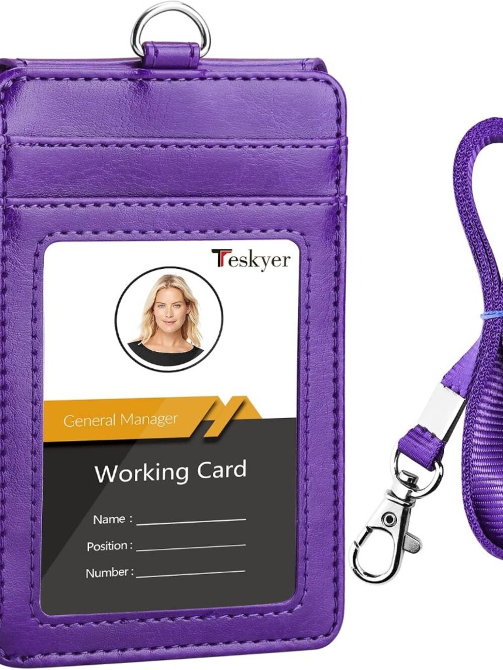 Leather ID Badge Holder with Lanyard, Lanyard Wallet, Purple